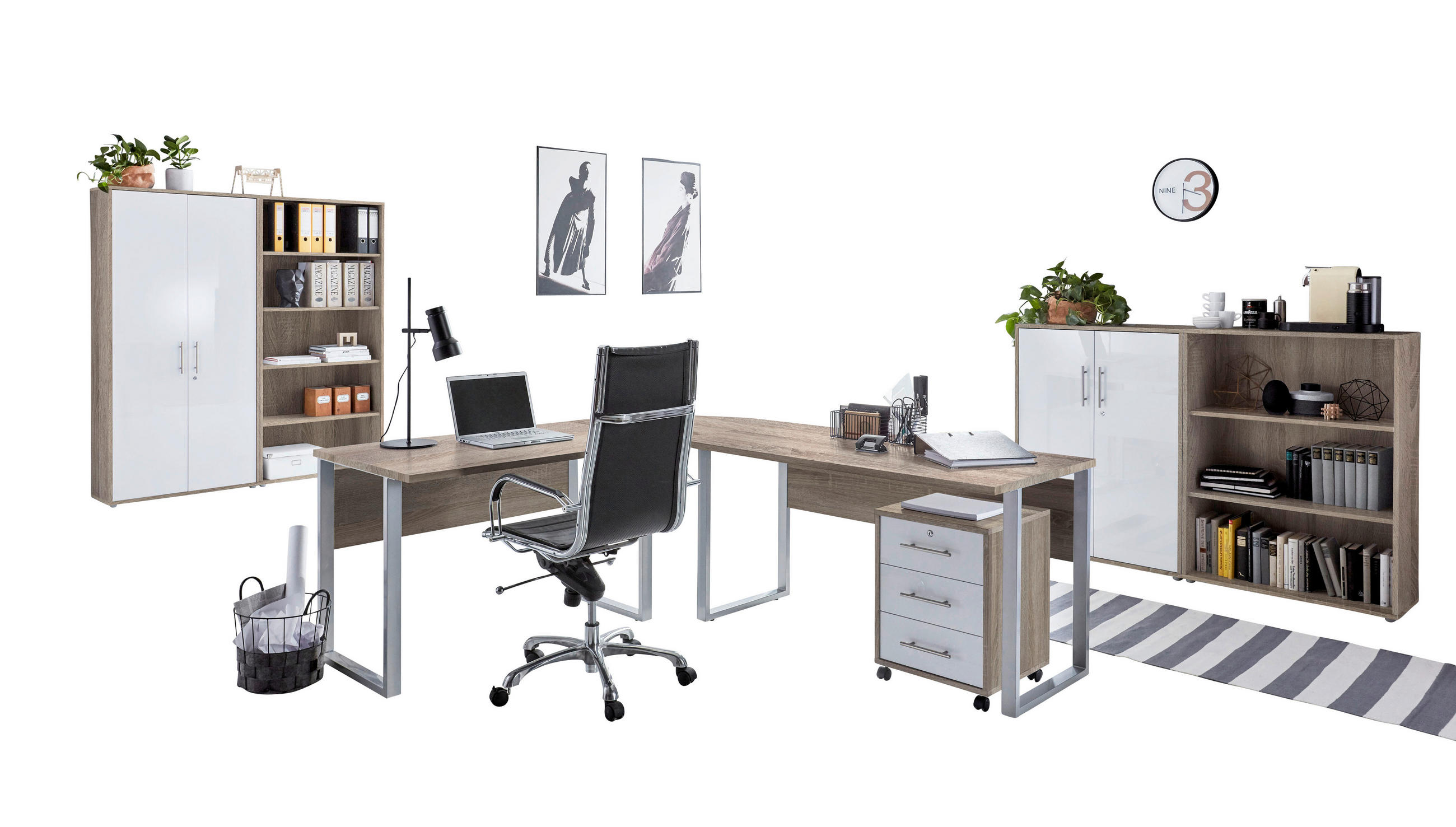 Mid.you Büro Office Edition - Büro Set 1 Sonoma Eiche, Weiß Hochglanz
