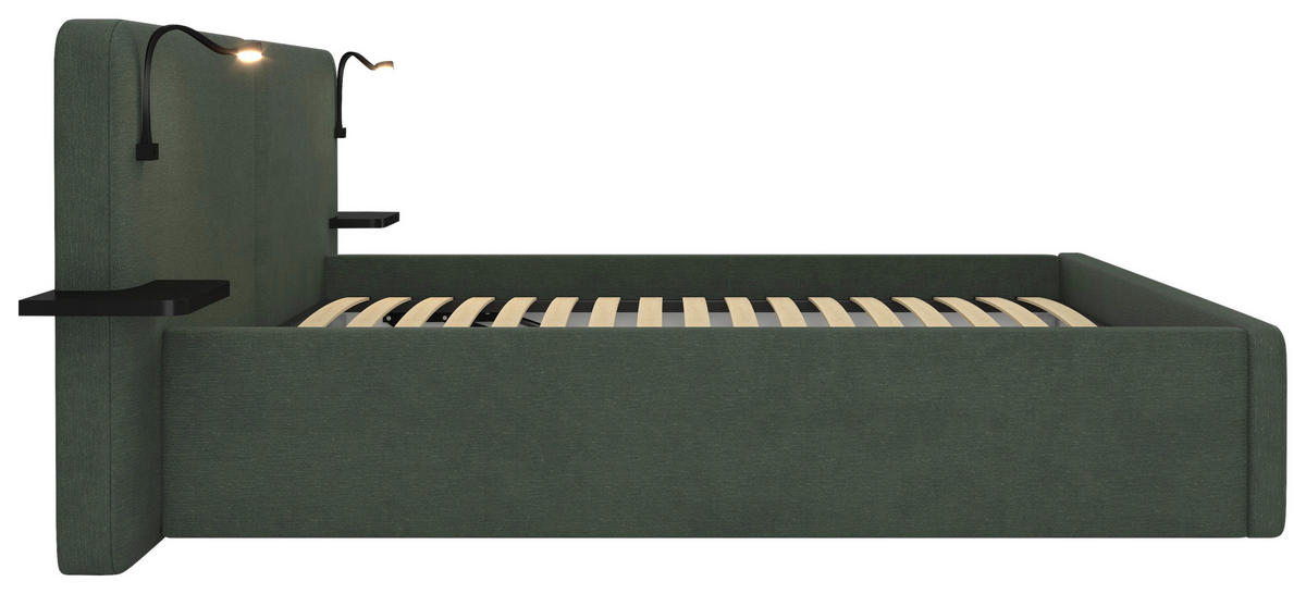 POLSTERBETT 180/200 cm,  in Waldgrün, gepolstertes Kopfteil, Beleuchtung, Lattenrost, H2 + H3 = mittel + fest  - Waldgrün/Schwarz, MODERN, Kunststoff/Textil (180/200cm) - Chameo
