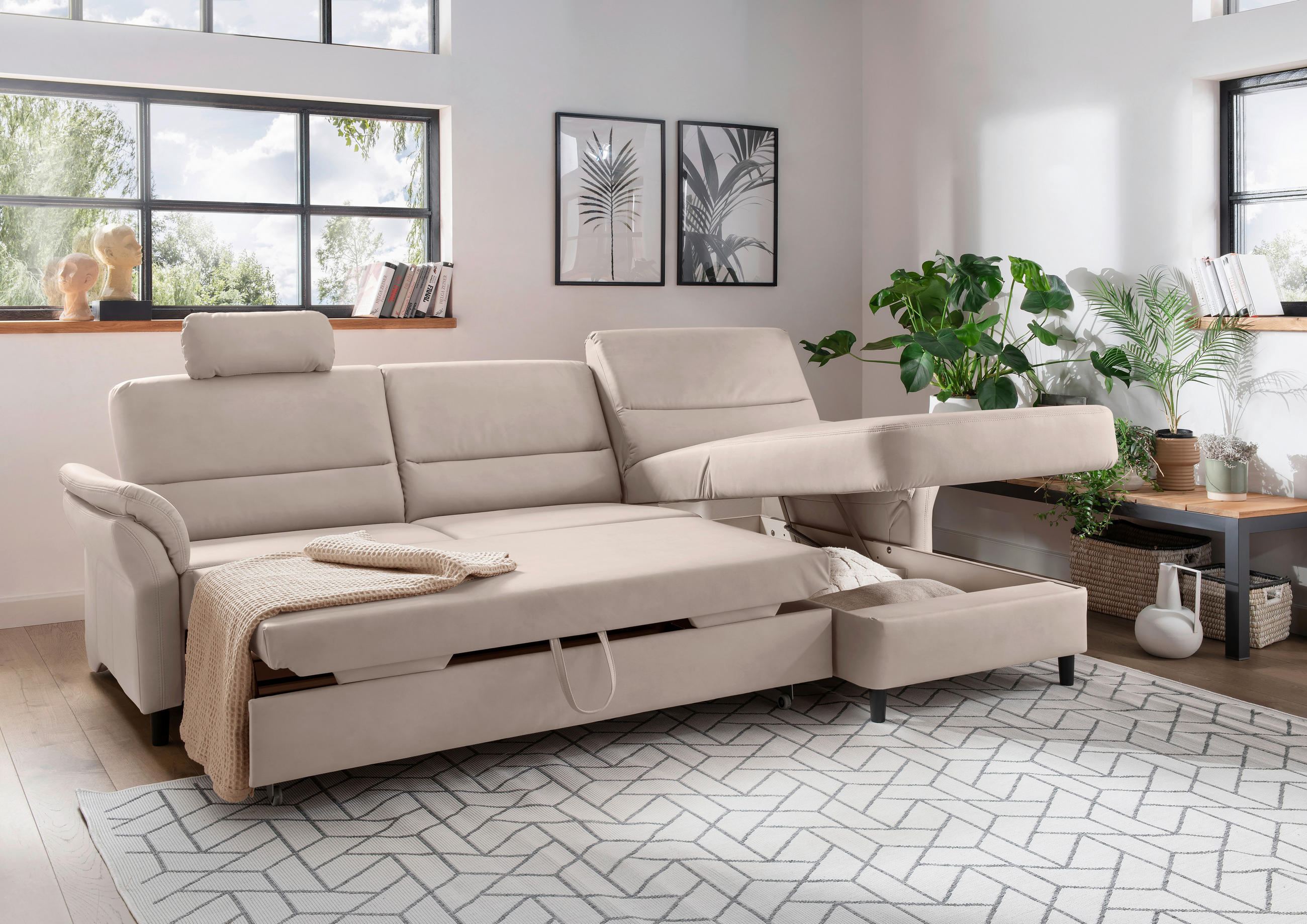 ECKSOFA Beige Lederlook  - Beige/Schwarz, MODERN, Holz/Textil (279/176cm) - Livetastic
