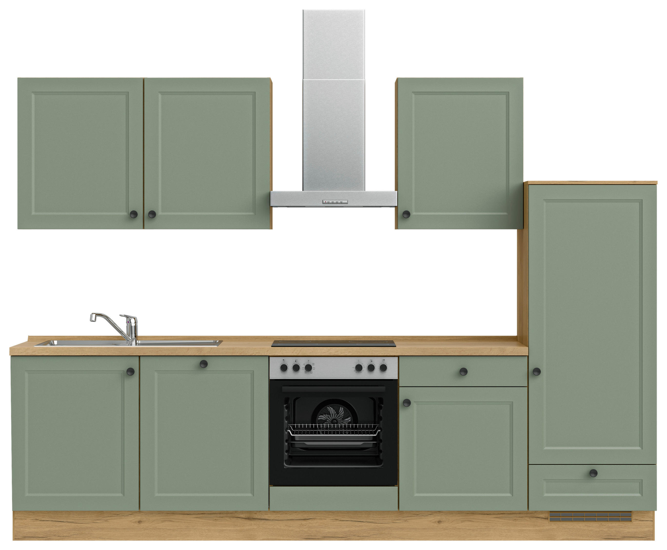 BUCĂTĂRIE FĂRĂ ELECTROCASNICE  - verde/culoare lemn stejar, Modern, metal/material pe bază de lemn (300cm) - Nobilia