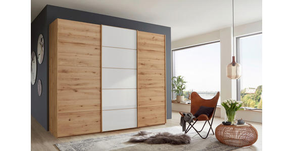 SCHWEBETÜRENSCHRANK 250/236/67 cm 3-türig Weiß, Eiche Bianco - Eiche Bianco/Weiß, Natur, Glas/Holz (250/236/67cm) - Linea Natura