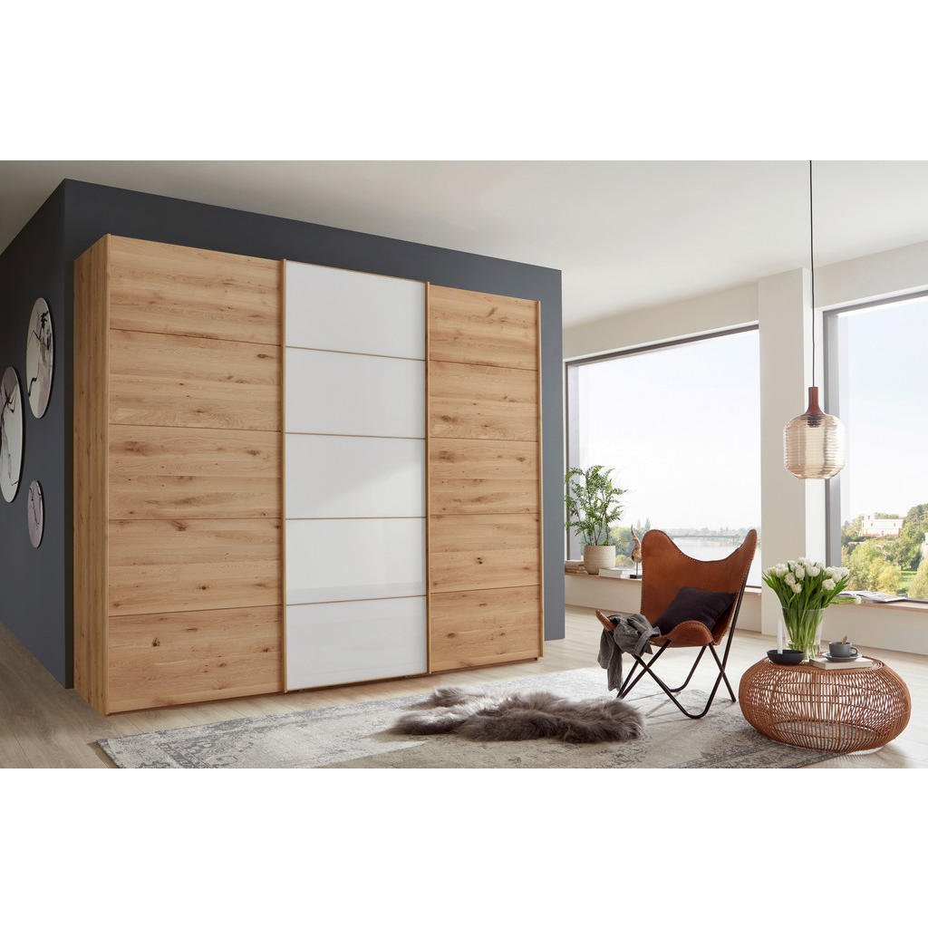 Thumbnail - Linea Natura Schwebetürenschrank, Weiß, Eiche Bianco, Holzwerkstoff, Eiche, teilmassiv, 6 Fächer, 250x236x67 cm, ISO 900...
