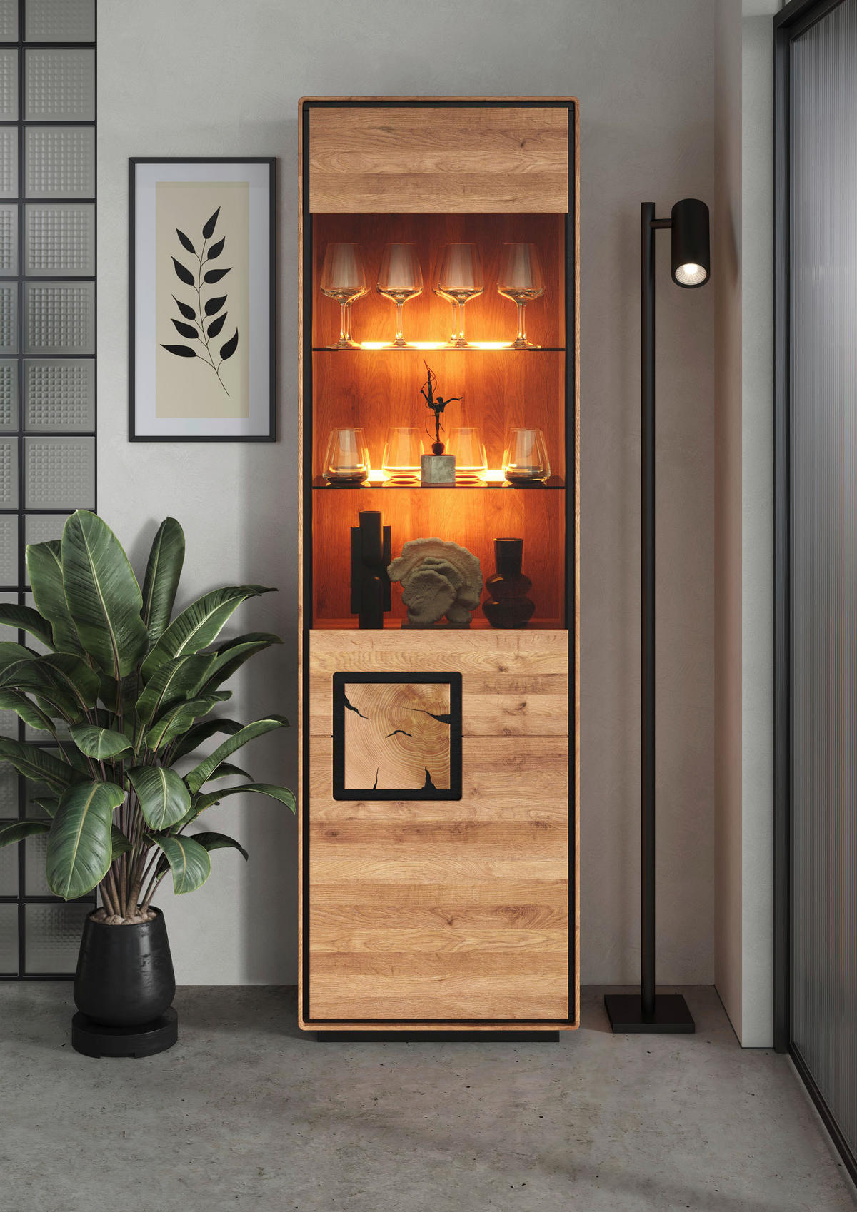 VITRINE  in massiv Wildeiche Schwarz, Wildeiche  - Wildeiche/Schwarz, Basics, Glas/Holz (60/203/40cm) - Livetastic