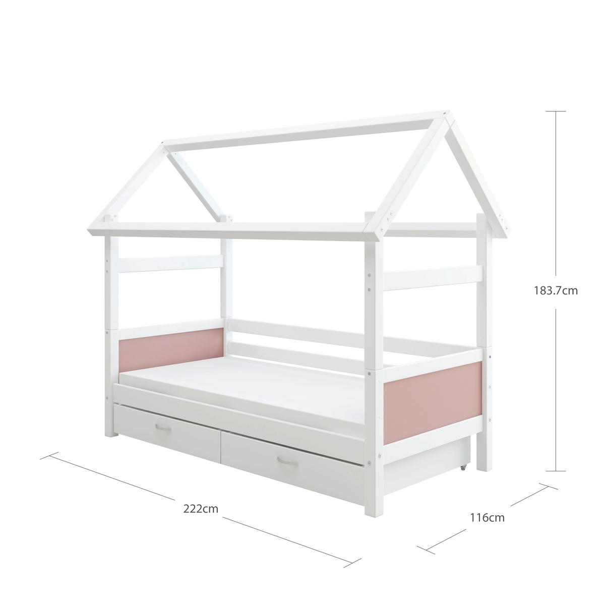 HAUSBETT 90/200 cm,  in Rosa, Weiß, Rollrost, Bettschublade  - Rosa/Weiß, MODERN, Holz (90/200cm) - Chameo