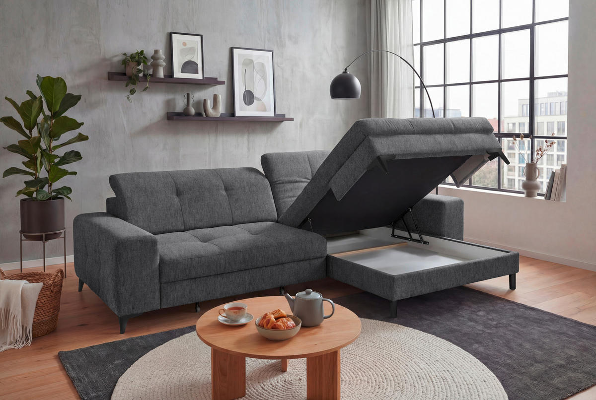 ECKSOFA Mikrovelours Anthrazit  - Anthrazit/Schwarz, Design, Kunststoff/Textil (328/182cm) - MID.YOU