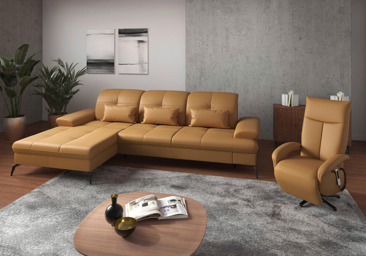 ECKSOFA Currygelb Echtleder  - Currygelb/Schwarz, KONVENTIONELL, Leder/Metall (185/279cm) - Sit & More