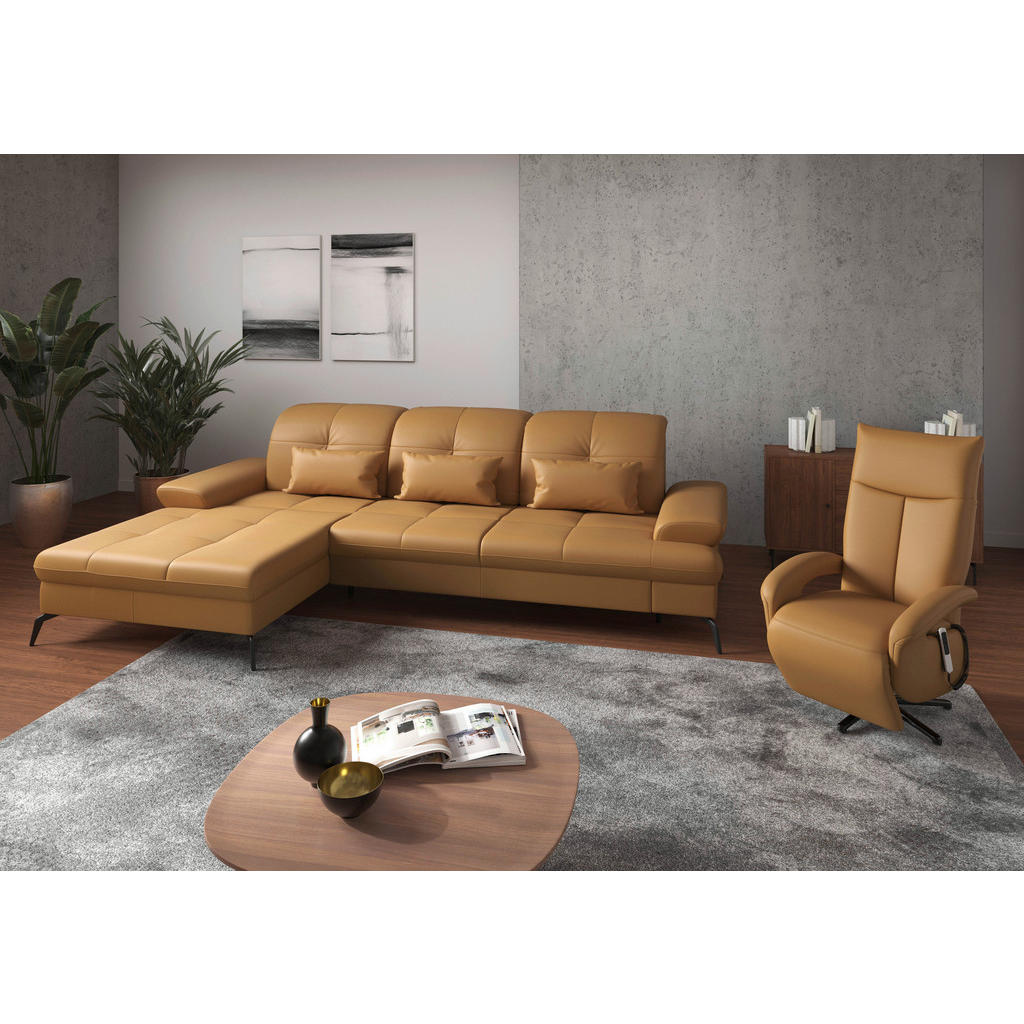 Thumbnail - Sit & More Ecksofa, Currygelb, Leder, Echtleder, Nappaleder, 4,5-Sitzer, Ottomane links, L-Form, 279x185 cm, Goldenes M,...