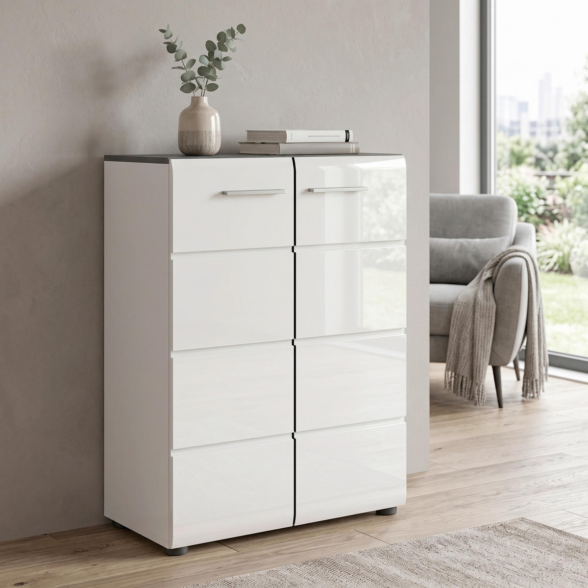 KOMMODE 60/85/37 cm  - Weiss Hochglanz/Silberfarben, Design, Holzwerkstoff/Kunststoff (60/85/37cm) - MID.YOU