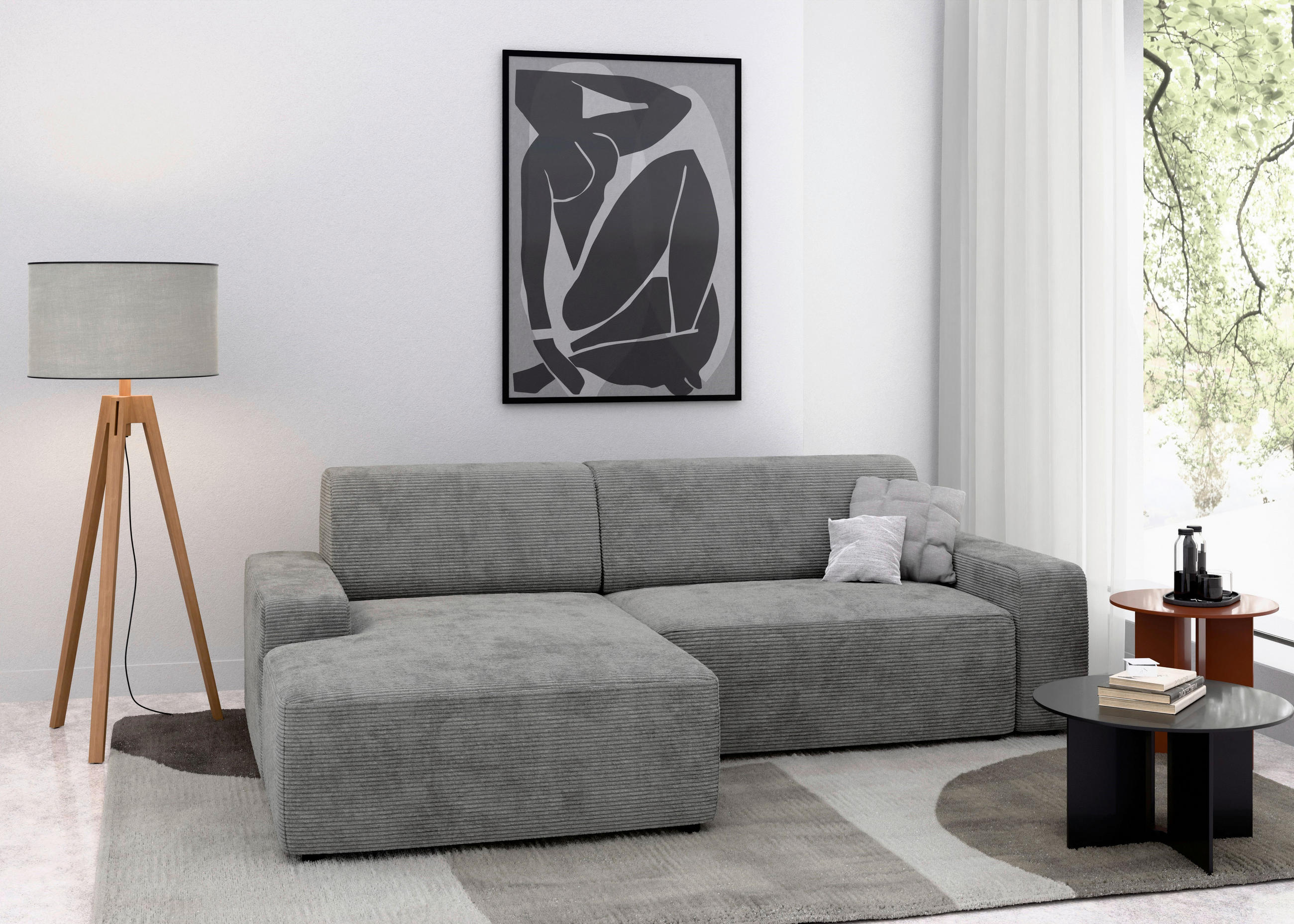 ECKSOFA in Cord Grau - Schwarz/Grau, Modern, Kunststoff/Textil (162/246cm) - Trendmanufaktur
