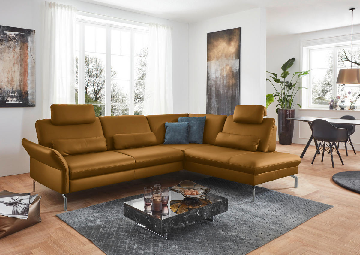 ECKSOFA in Echtleder Senfgelb  - Senfgelb/Alufarben, Konventionell, Leder/Metall (284/220cm) - Beldomo Premium