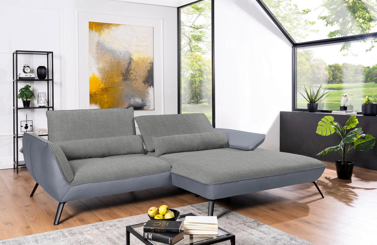 ECKSOFA in Flachgewebe Hellgrau  - Hellgrau/Schwarz, Design, Textil/Metall (273/191cm) - Moderano