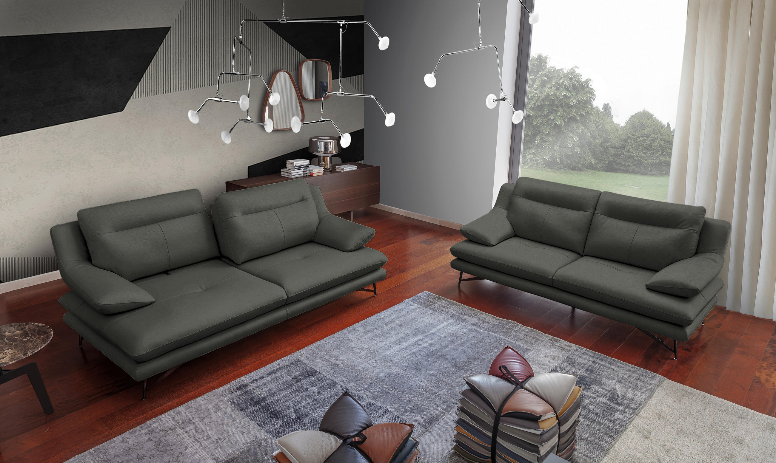 3-SITZER-SOFA in Leder Grau  - Grau, Design, Leder/Metall (215/90/109cm)