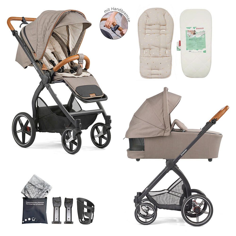 KOMBIKINDERWAGEN  FX4 Swing Set mit Handbremse  Taupe-Cognac-Herzchen gold  - Taupe/Goldfarben, Basics, Textil (100/55/130cm) - Gesslein