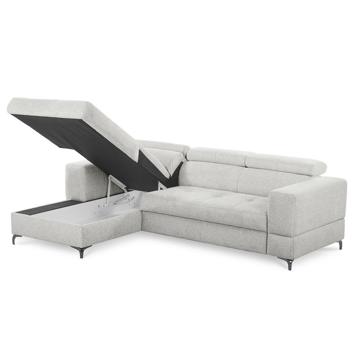 ECKSOFA TORINO Hellgrau Chenille Bettkasten, Kopfteilverstellung  - Schwarzchrom/Hellgrau, Design, Textil/Metall (173/247cm) - Livetastic
