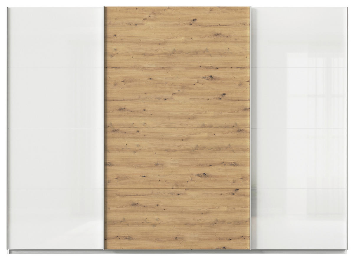 SCHWEBETÜRENSCHRANK  in Weiß, Eiche Artisan, Weiß Hochglanz  - Weiß Hochglanz/Alufarben, KONVENTIONELL, Holzwerkstoff/Metall (315/210/62cm) - Xora