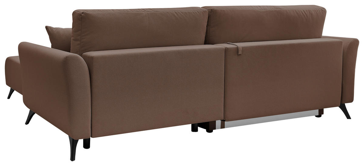 ECKSOFA GEMMA Dunkelbraun Flachgewebe Zierkissen, Rückenkissen, Bettkasten, Schlaffunktion, Rücken echt, Stauraum  - Dunkelbraun/Schwarz, Design, Textil/Metall (270/183cm) - P & B
