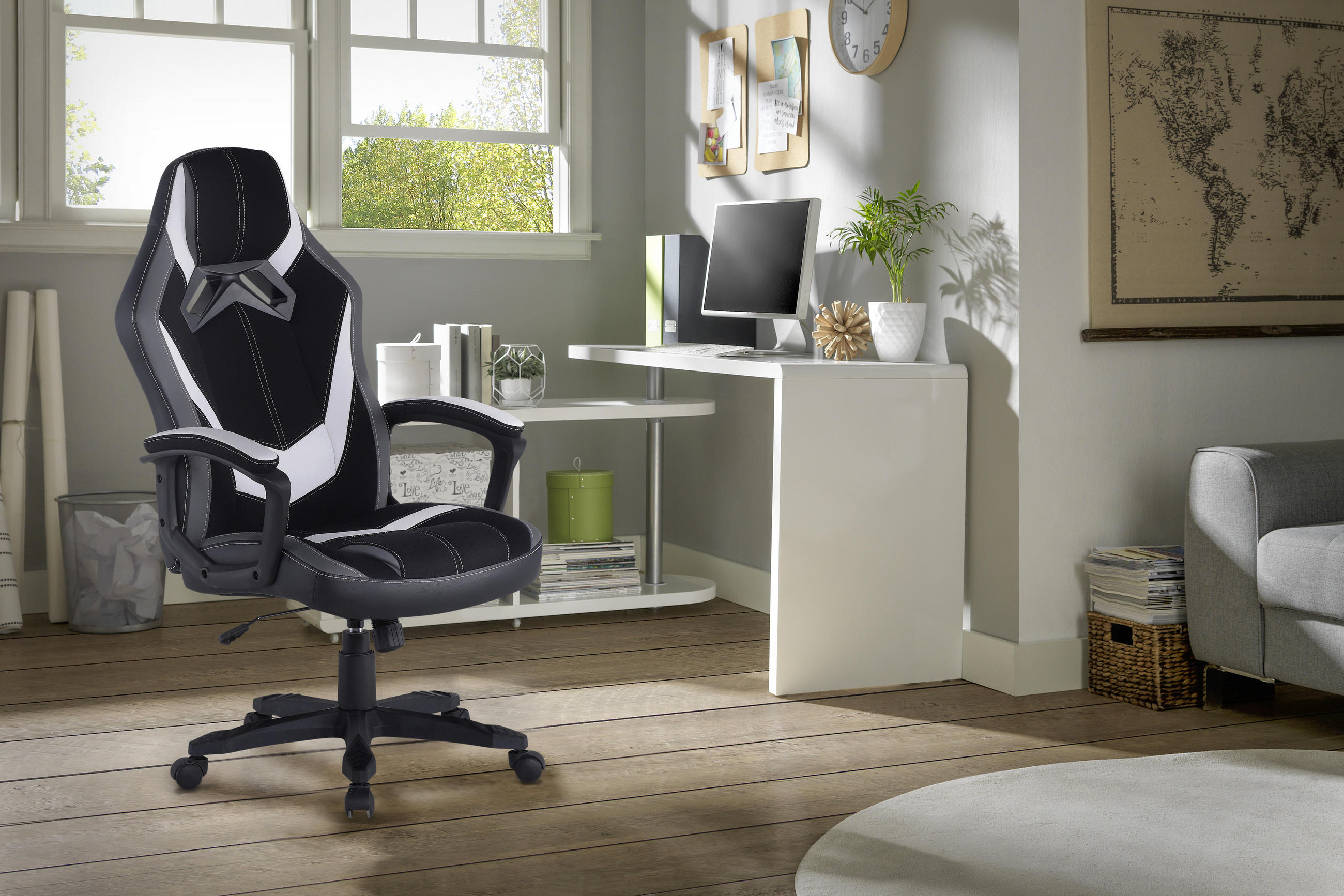 GAMINGSTUHL in Lederlook, Mikrofaser Grau, Schwarz, Weiß - Schwarz/Weiß, Design, Kunststoff/Textil (64,5/112-122/69cm) - Livetastic