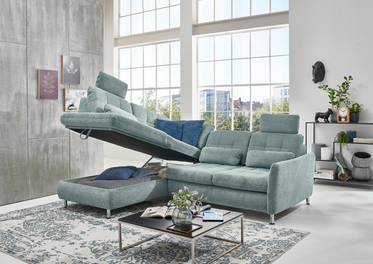 ECKSOFA Blau Webstoff  - Chromfarben/Blau, Design, Textil/Metall (210/242cm) - Beldomo Style