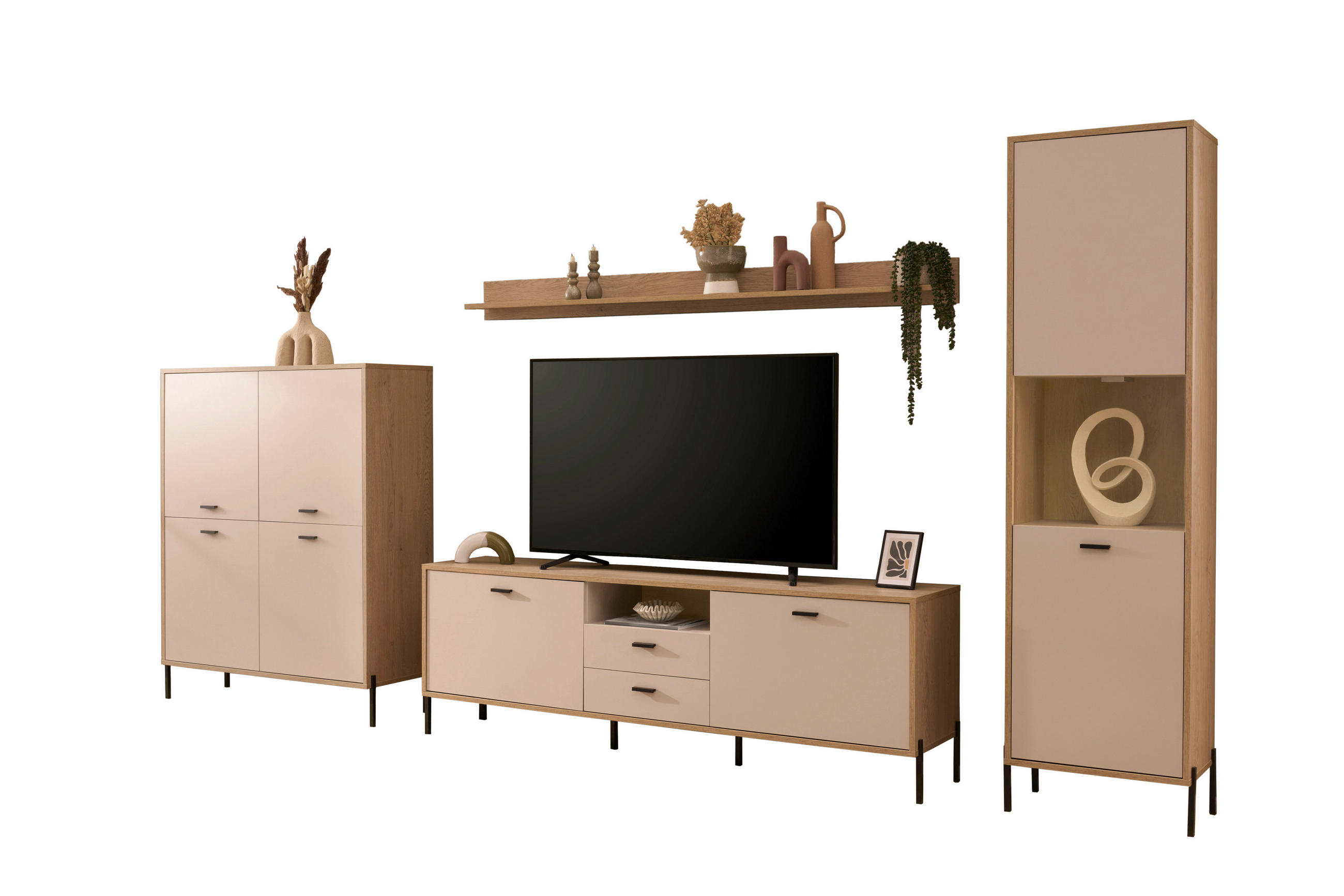 WOHNWAND 4-teilig  in Eichefarben, Kaschmir  384/206/40 cm    - Kaschmir/Eichefarben, Design, Holzwerkstoff/Metall (384/206/40cm) - MID.YOU