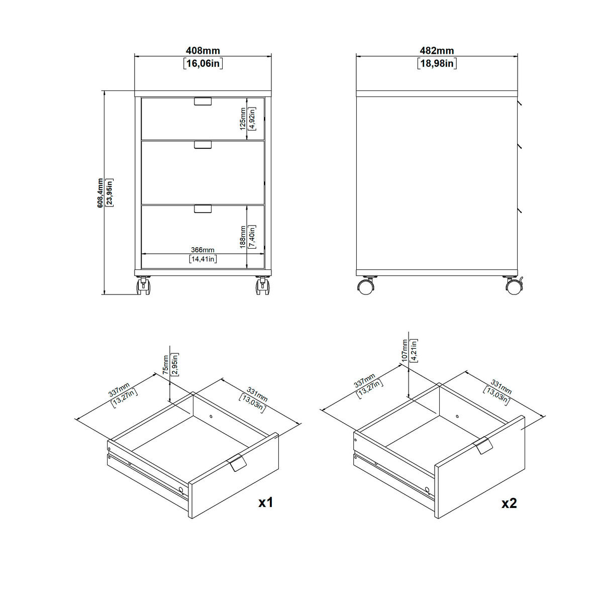 ROLLCONTAINER 40,8/60,8/48,2 cm  - Weiss/Eichefarben, Modern, Holzwerkstoff/Kunststoff (40,8/60,8/48,2cm) - MID.YOU