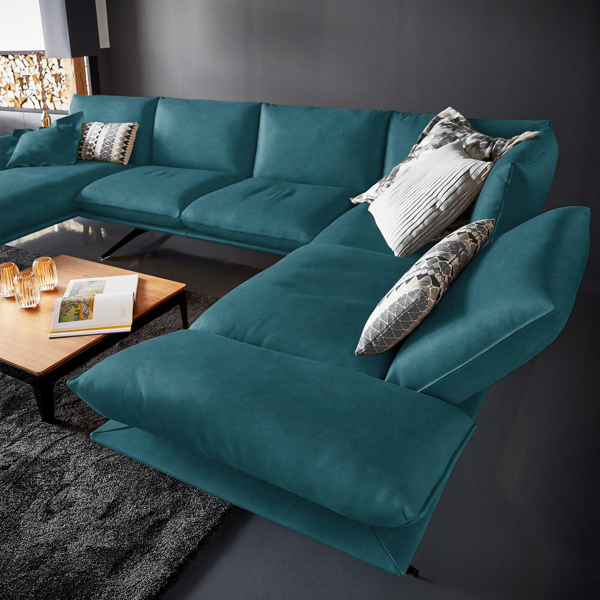 WOHNLANDSCHAFT in Echtleder Petrol  - Petrol/Schwarz, Natur, Leder/Metall (155/359/217cm) - Dieter Knoll