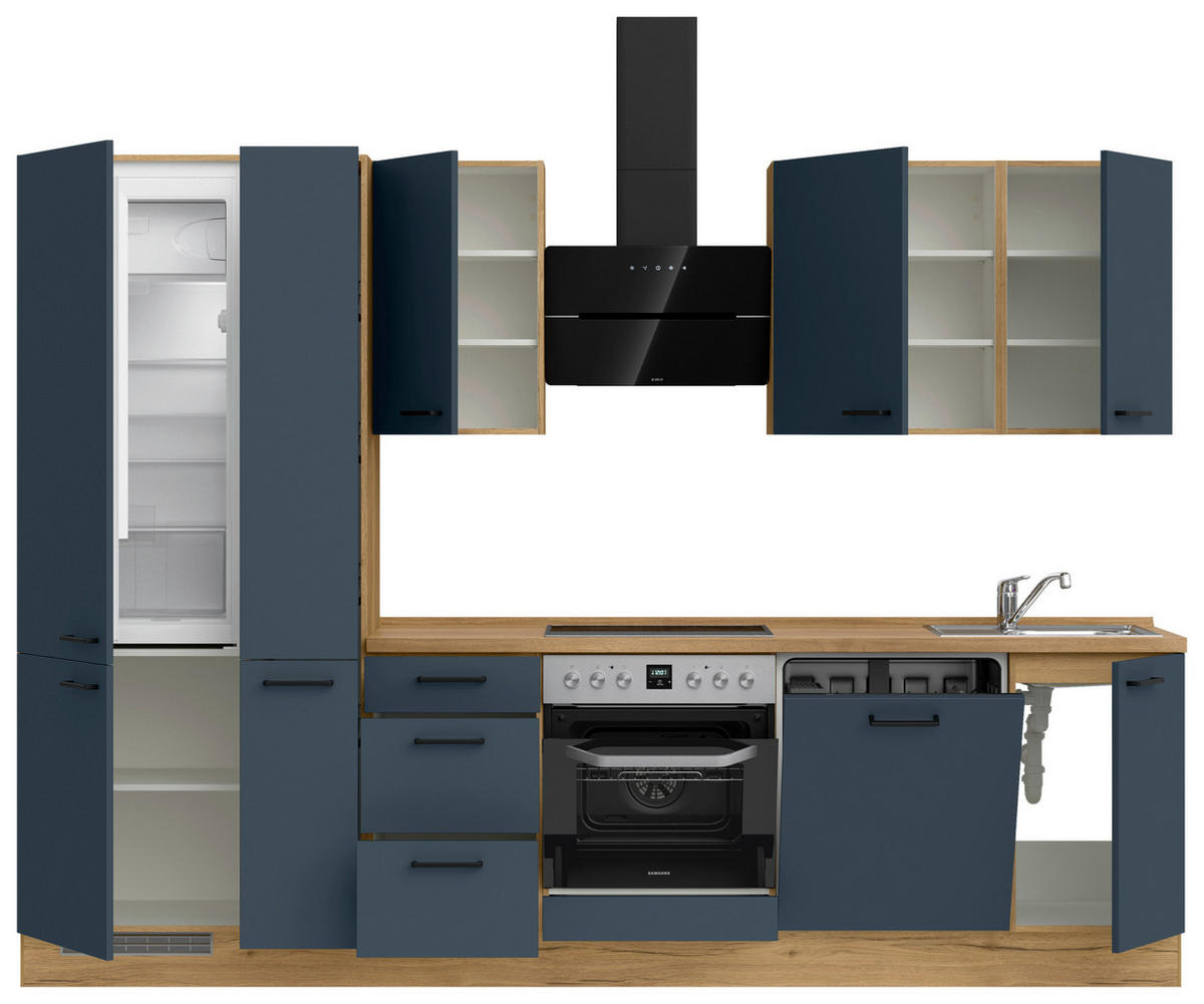 KÜCHENBLOCK Easytouch 300 cm  in Eichefarben, Dunkelblau  - Eichefarben/Schwarz, MODERN, Holzwerkstoff/Metall (300cm) - Nobilia