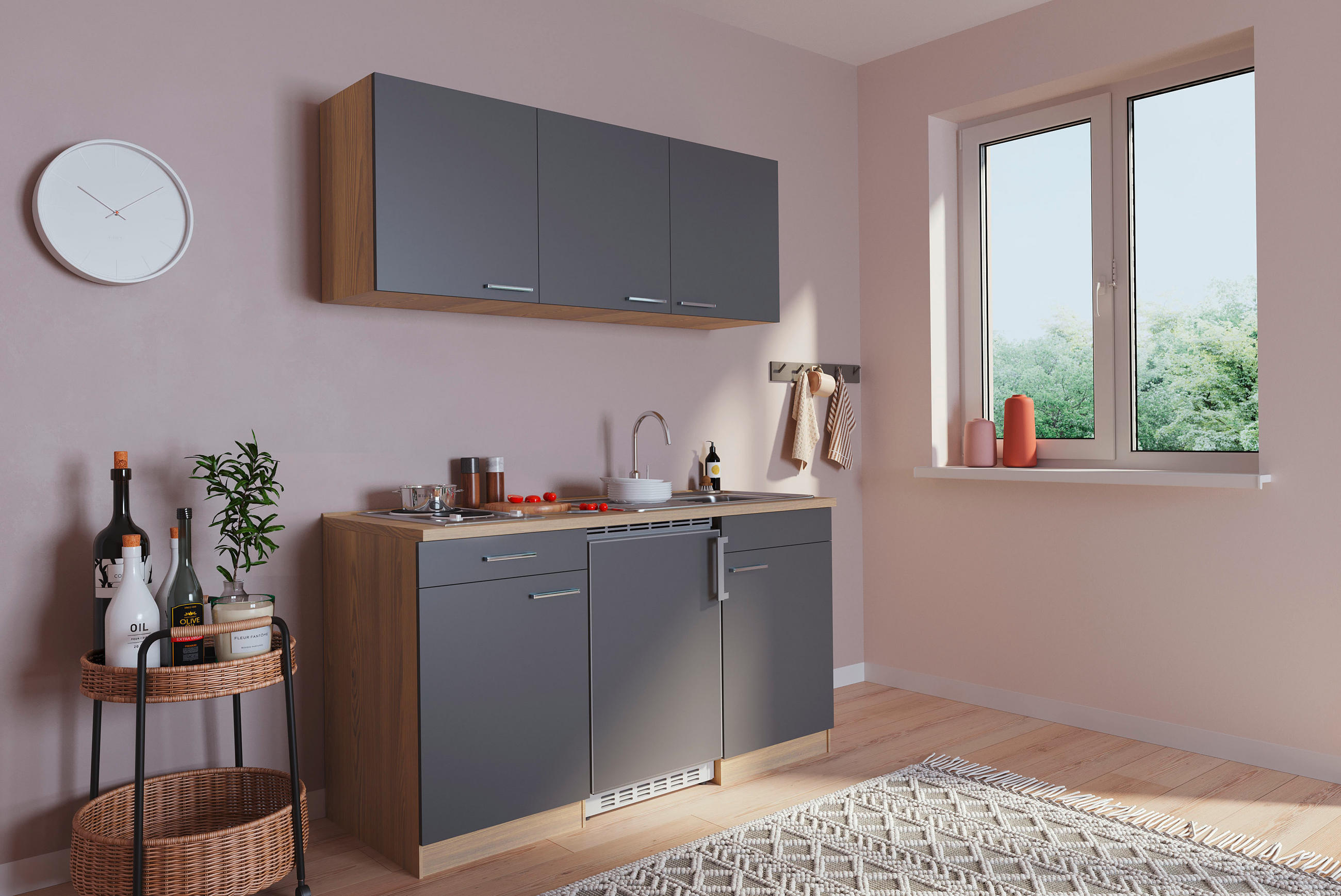 MINIKÜCHE 150 cm   in Grau, Eichefarben  - Eichefarben/Grau, Basics, Holzwerkstoff (150cm) - Respekta