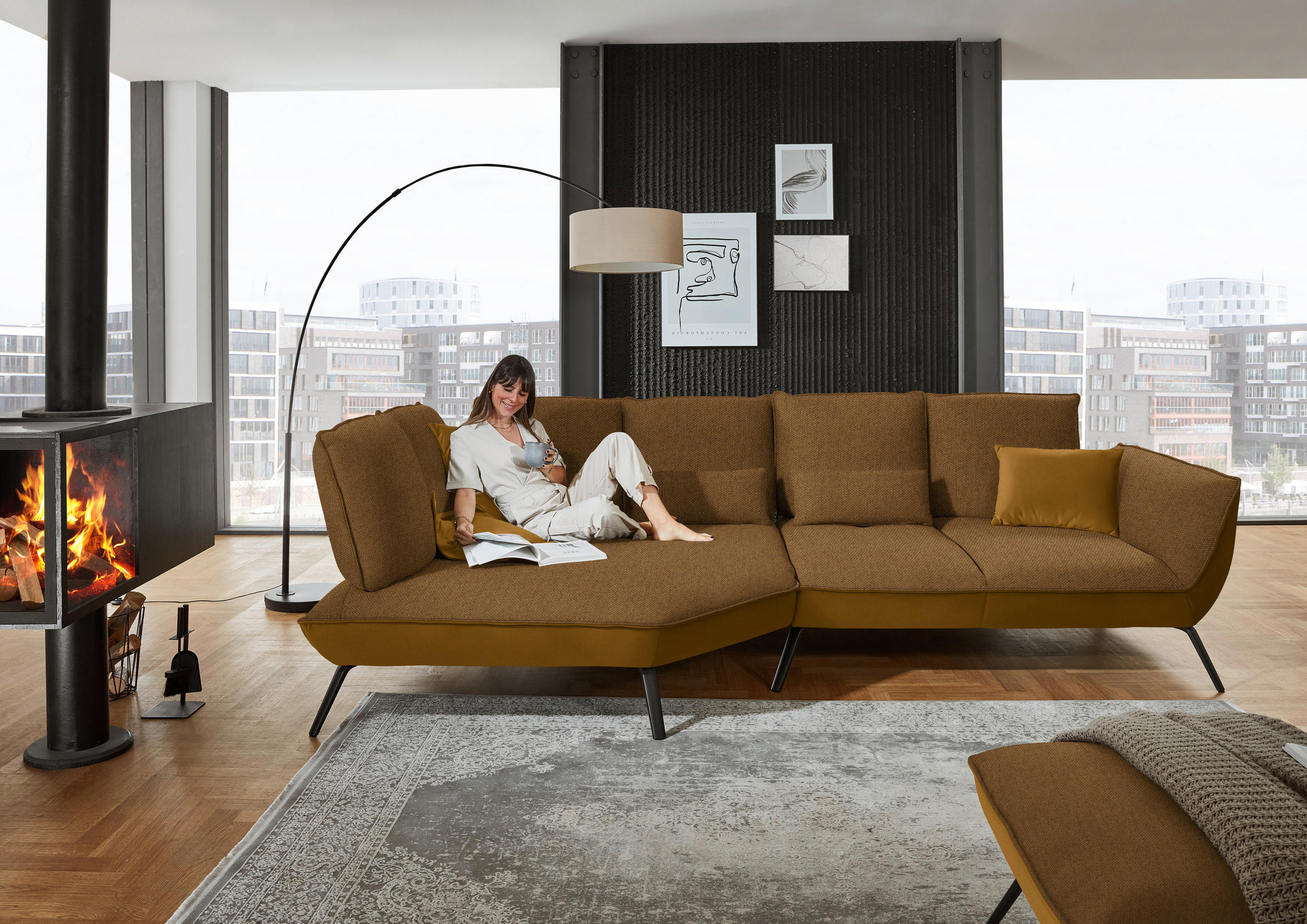 ECKSOFA in Flachgewebe Goldfarben  169/320 cm  - Goldfarben/Schwarz, Design, Textil/Metall (169/320cm) - Moderano