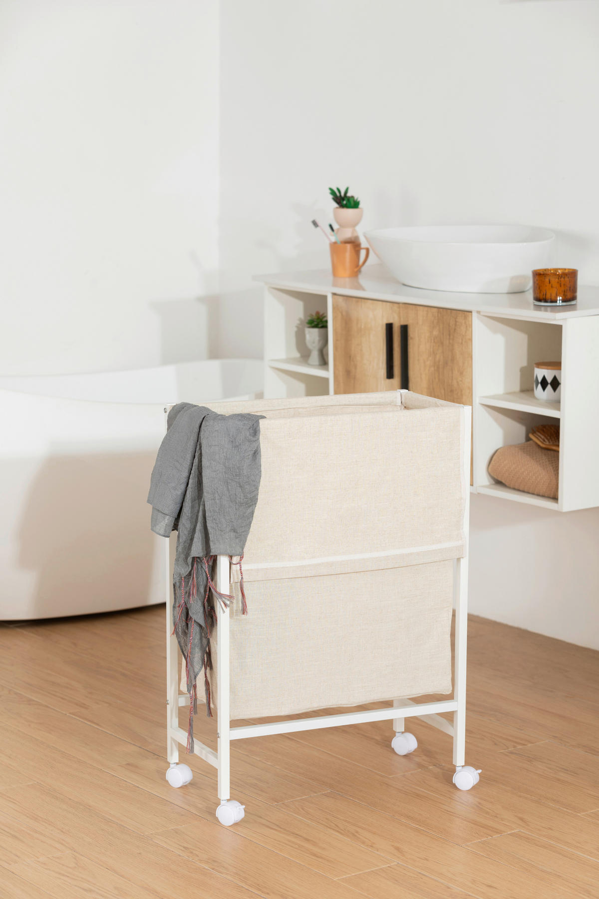 WÄSCHEKORB - Beige/Weiß, MODERN, Textil/Metall (55/78/29cm) - PBJ