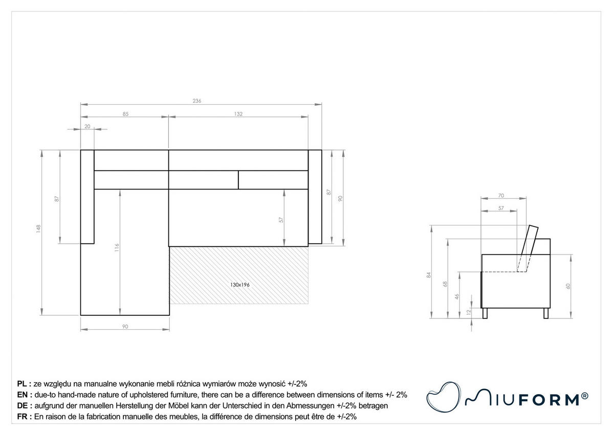 Measurements von MID.YOU ECKSOFA Smaragdgrün Cord.