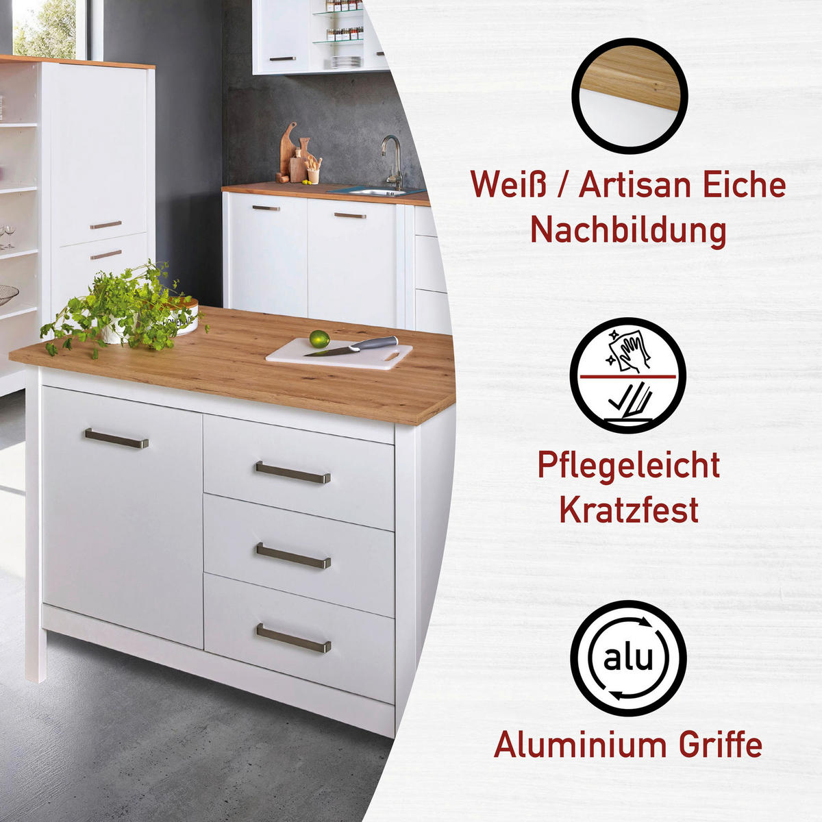 KÜCHENINSEL   in Weiß, Eiche Artisan  - Silberfarben/Weiß, MODERN, Holzwerkstoff/Metall (124/91/75cm) - home24