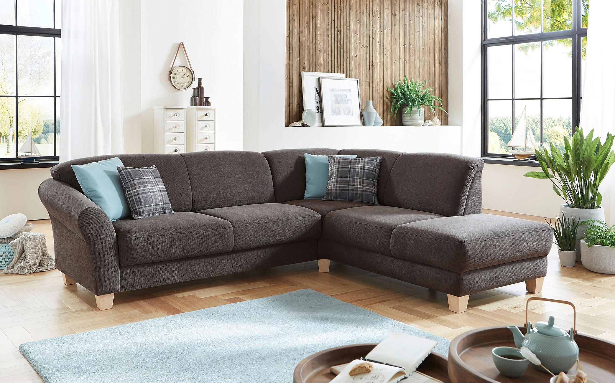 ECKSOFA in Flachgewebe Dunkelbraun  257/212 cm  - Dunkelbraun/Naturfarben, KONVENTIONELL, Holz/Textil (257/212cm) - Sit & More
