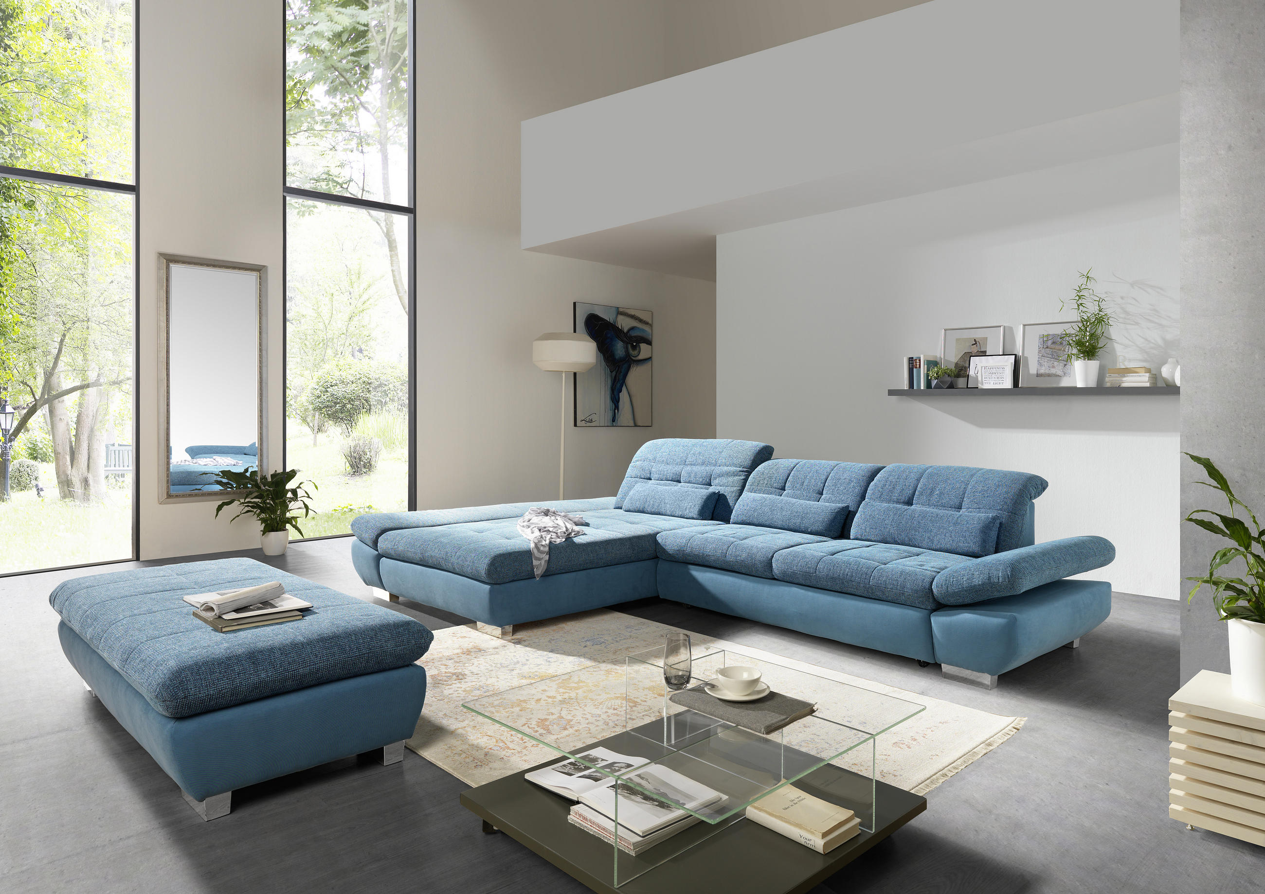 WOHNLANDSCHAFT in Flachgewebe Türkis, Petrol  - Türkis/Chromfarben, Design, Kunststoff/Textil (204/341cm) - Xora