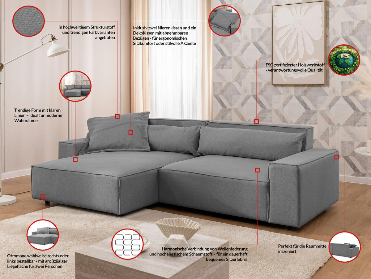 ECKSOFA Webstoff Hellgrau  - Hellgrau/Schwarz, Design, Kunststoff/Textil (251/142cm) - P & B