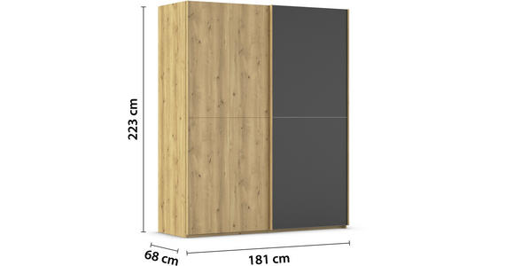SCHWEBETÜRENSCHRANK 180/223/68 cm 2-türig Schwarz, Eichefarben  - Eichefarben/Schwarz, Design, Glas/Holz (180/223/68cm) - Novel