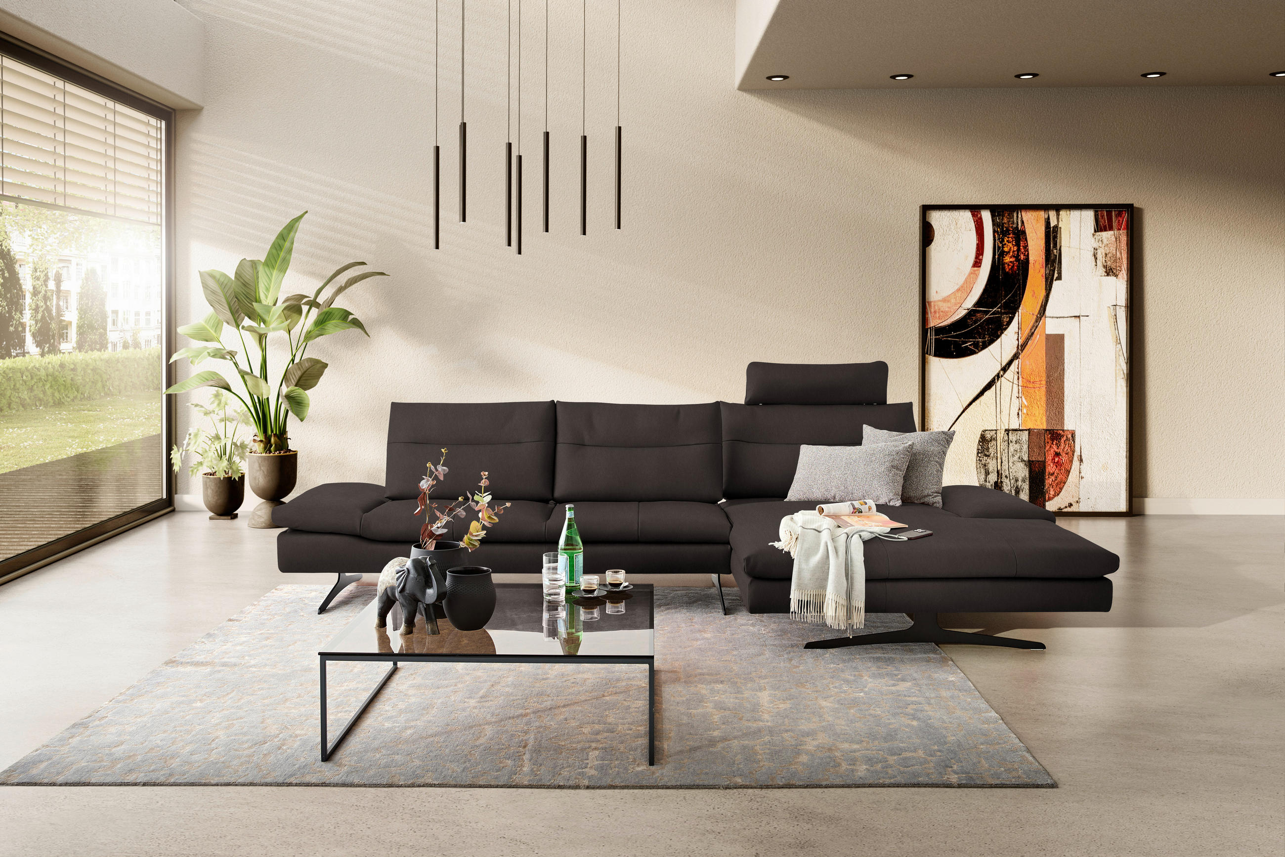 ECKSOFA in Echtleder Dunkelbraun  - Dunkelbraun/Schwarz, Modern, Leder/Metall (342/158cm) - Chilliano