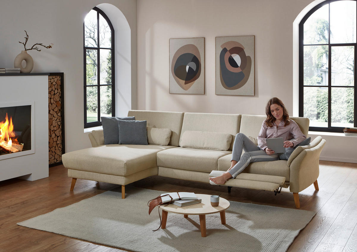 ECKSOFA Beige Chenille, Flachgewebe  - Beige/Naturfarben, Design, Holz/Textil (281/157cm) - Valnatura