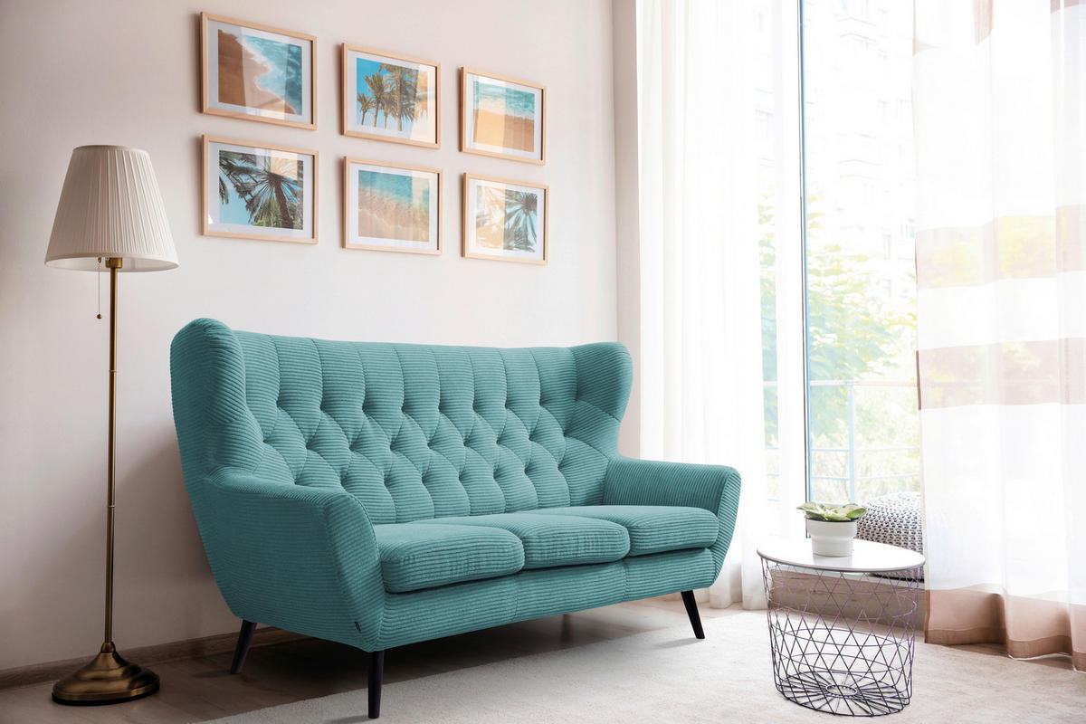 3-SITZER-SOFA Cord Türkis  - Türkis/Schwarz, Design, Holz/Textil (187/101/95cm) - Stylife