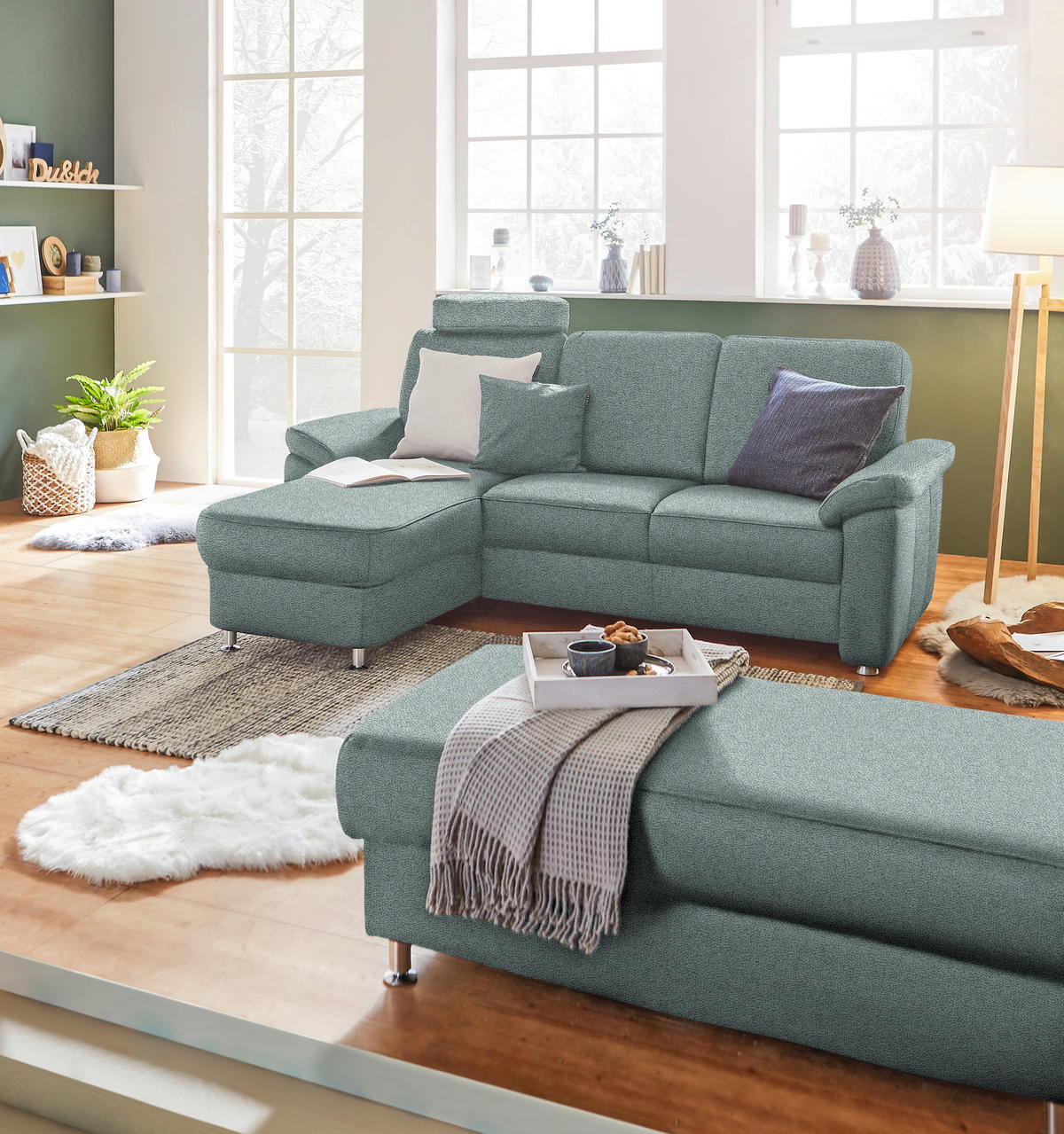 ECKSOFA in Flachgewebe Salbeigrün  - Chromfarben/Salbeigrün, Konventionell, Textil/Metall (163/220cm) - Beldomo System