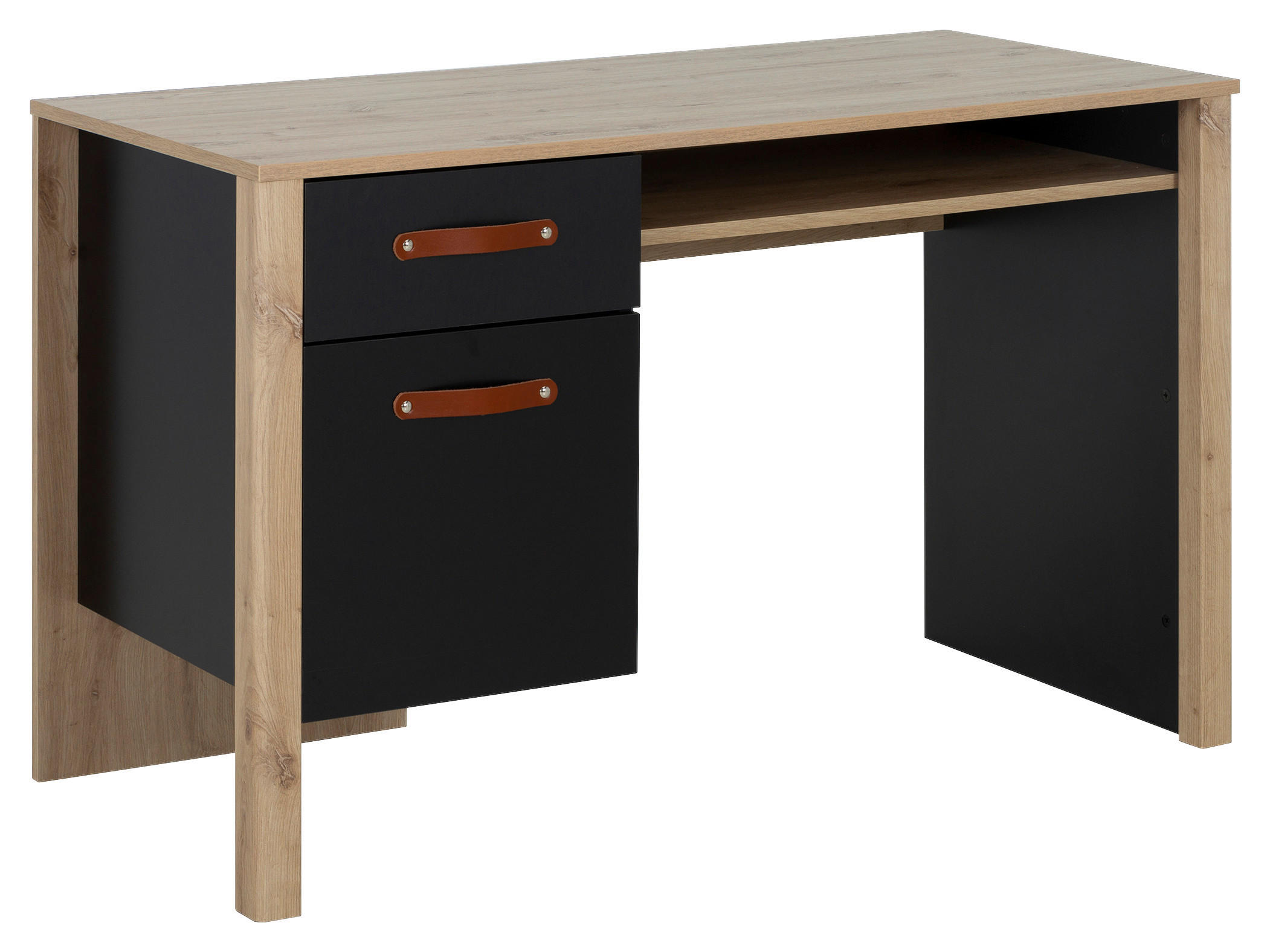 JUGENDSCHREIBTISCH Eiche Artisan - Kastanienfarben/Schwarz, MODERN, Leder (122/56/75cm) - MID.YOU