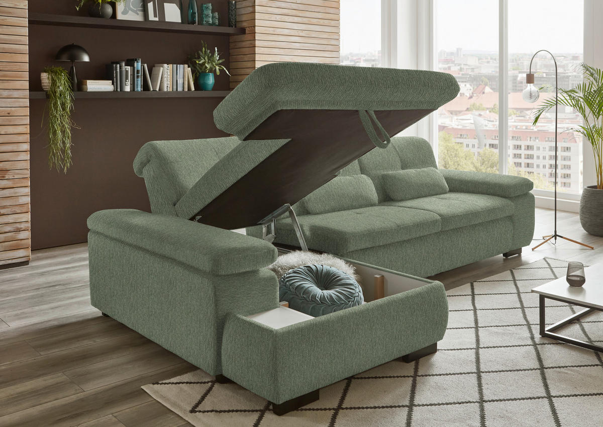 ECKSOFA in Flachgewebe Grün  - Schwarz/Grün, Design, Textil/Metall (174/297cm) - Beldomo Style