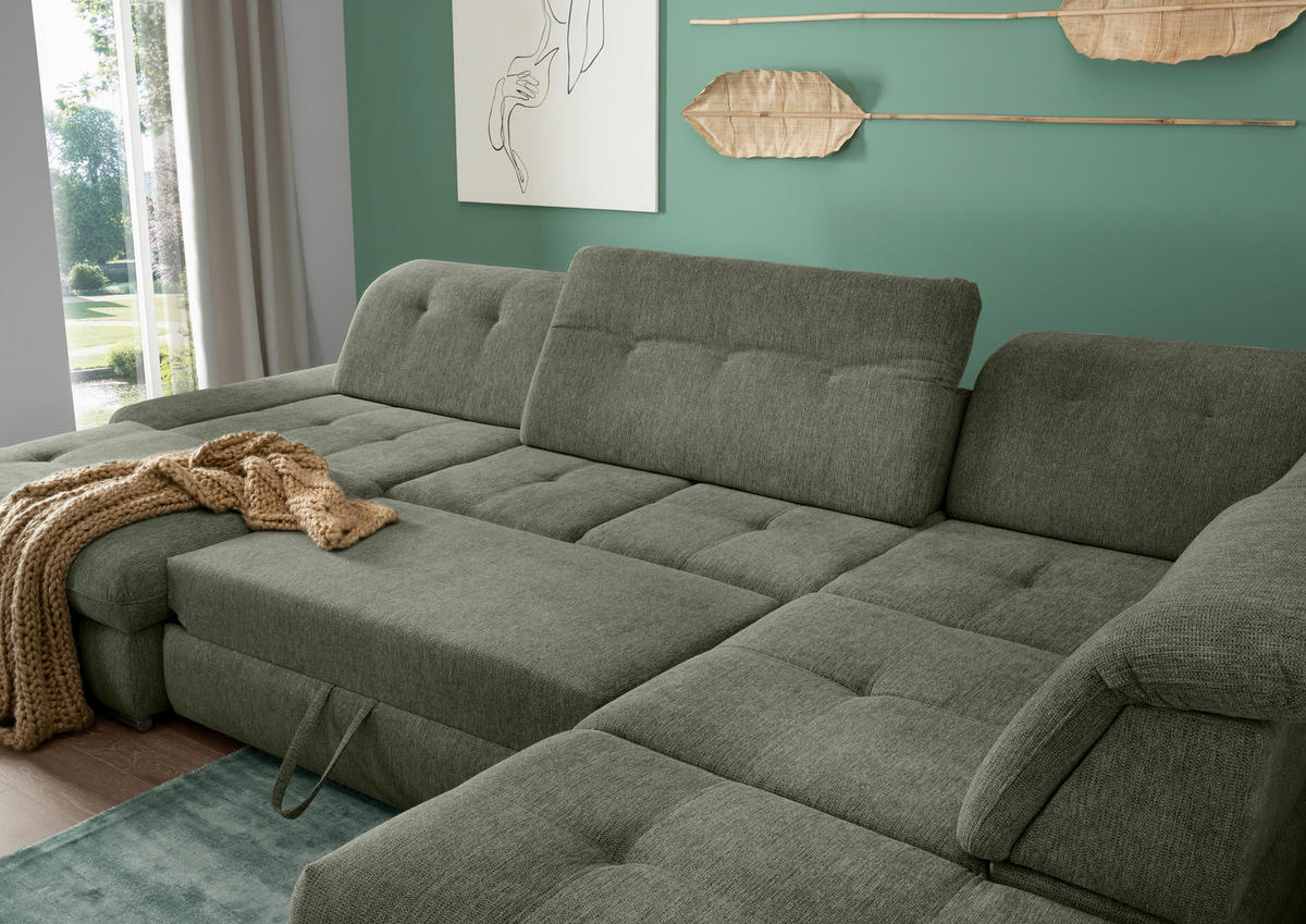 WOHNLANDSCHAFT Dunkelgrün Chenille  - Chromfarben/Dunkelgrün, Design, Textil/Metall (195/376/254cm) - Livetastic