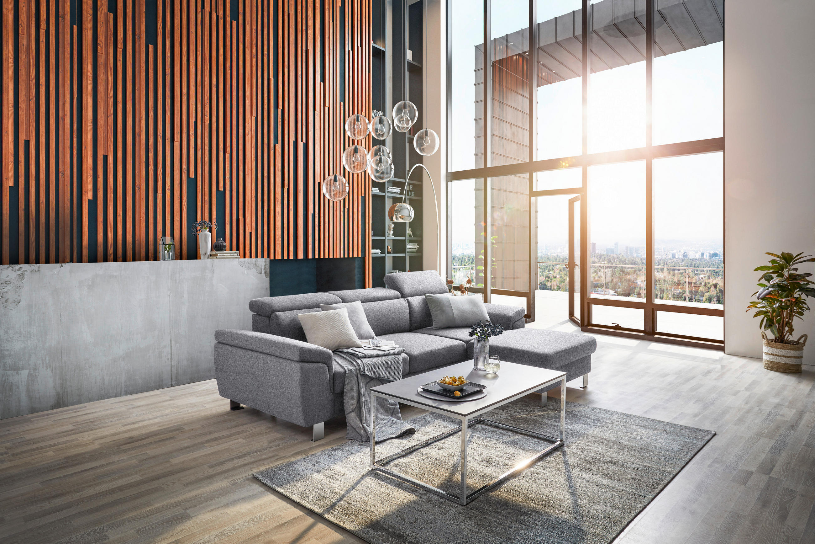 ECKSOFA inkl. Funktionen Hellgrau Webstoff  - Silberfarben/Hellgrau, Design, Textil/Metall (250/167cm) - Xora