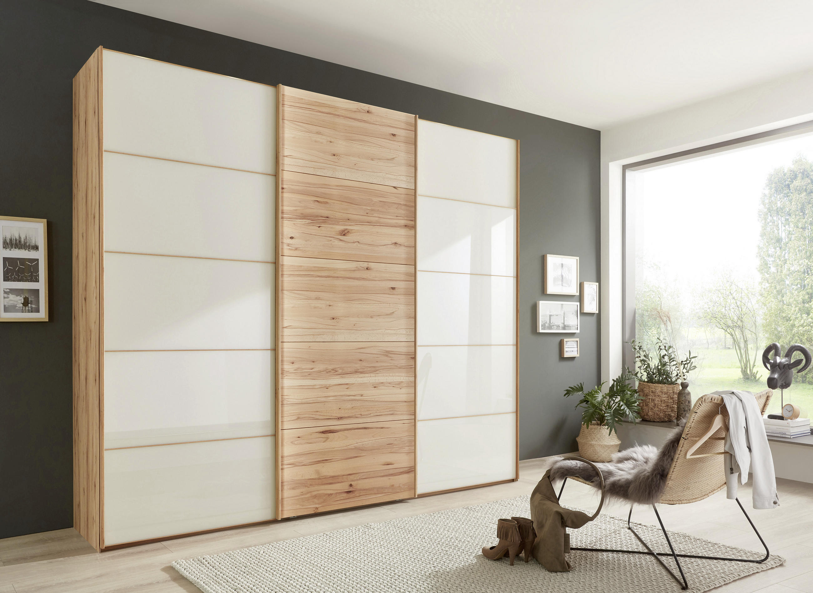 SCHWEBETÜRENSCHRANK 250/236/67 cm 3-türig Buchefarben, Champagner  - Champagner/Buchefarben, Natur, Glas/Holz (250/236/67cm) - Linea Natura