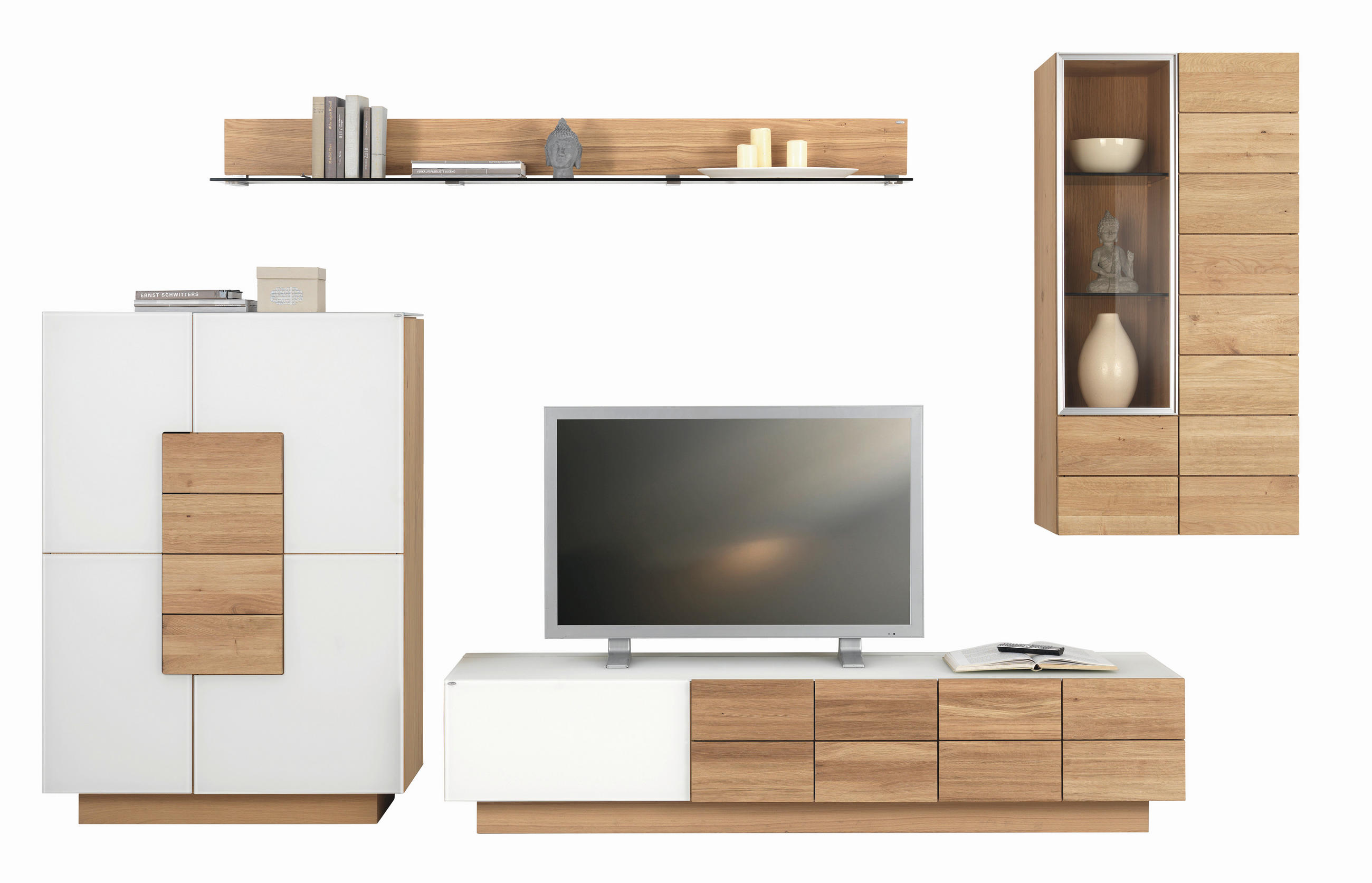 WOHNWAND  in Weiß, Eichefarben  336/202/55,2 cm  - Eichefarben/Weiß, Natur, Glas/Holz (336/202/55,2cm) - Voglauer