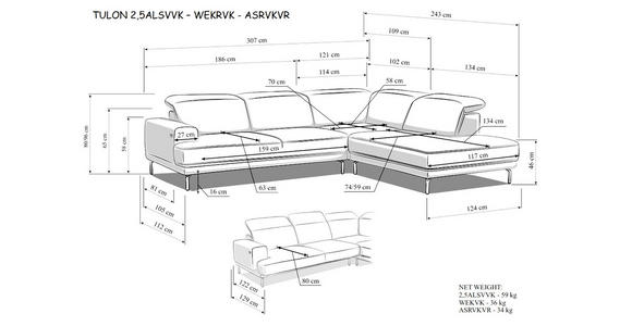 ECKSOFA Mintgrün Chenille Kopfteilverstellung, Sitztiefenverstellung  - Schwarz/Mintgrün, Design, Textil/Metall (307/243cm) - Xora