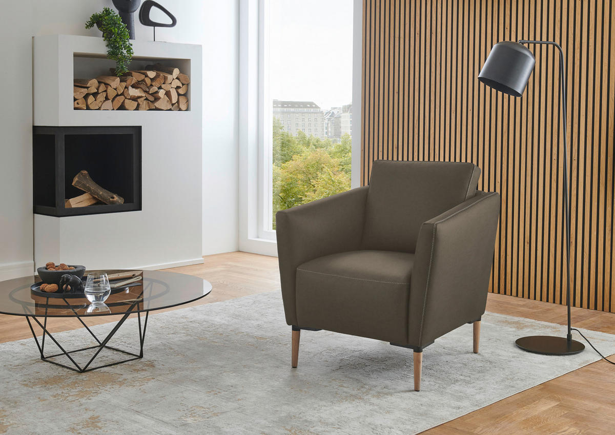 SESSEL in Echtleder Graubraun  - Eichefarben/Graubraun, Natur, Leder/Holz (75/84/76cm) - Valnatura