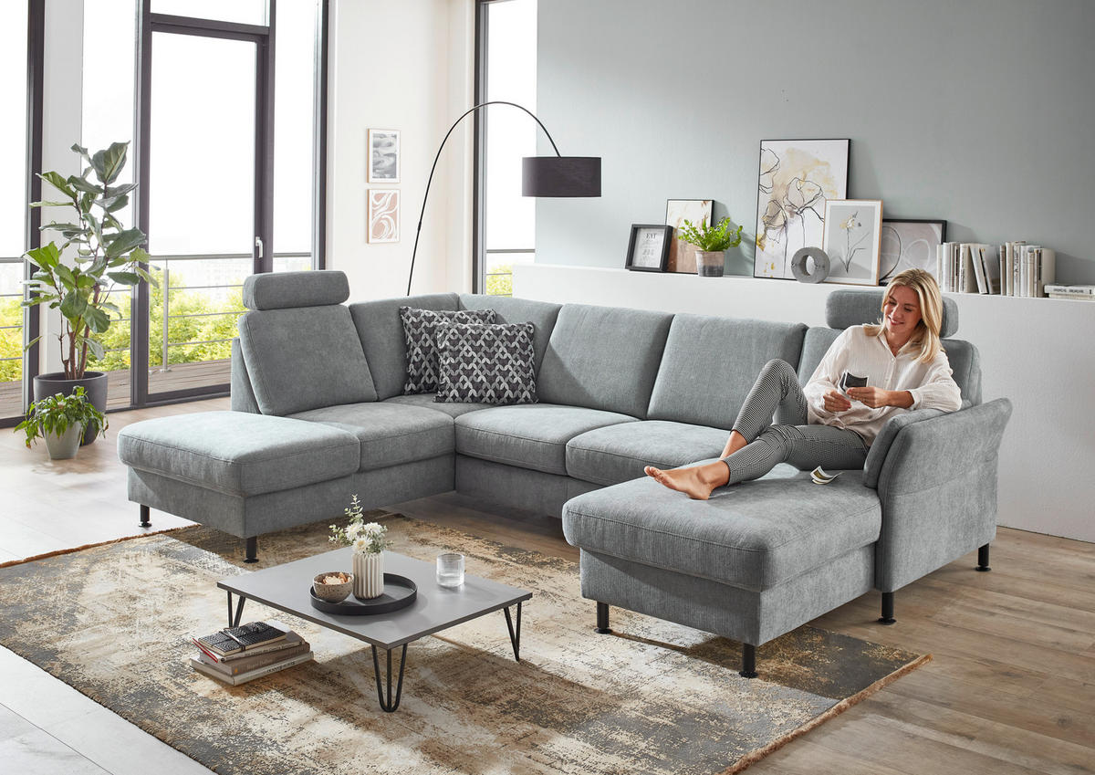 WOHNLANDSCHAFT in Webstoff Blaugrau  - Blaugrau/Schwarz, Konventionell, Textil/Metall (200/305/168cm) - Voleo