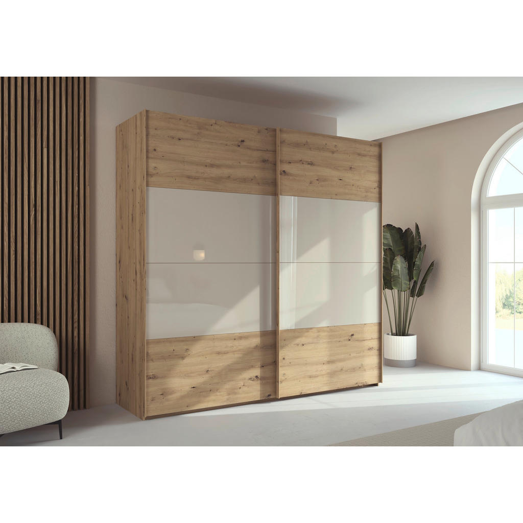 Thumbnail - Xora Schwebetürenschrank X-Tend, Champagner, Eiche Artisan, Metall, 9 Fächer, 226x223x68 cm, Blauer Engel, Made in Germa...