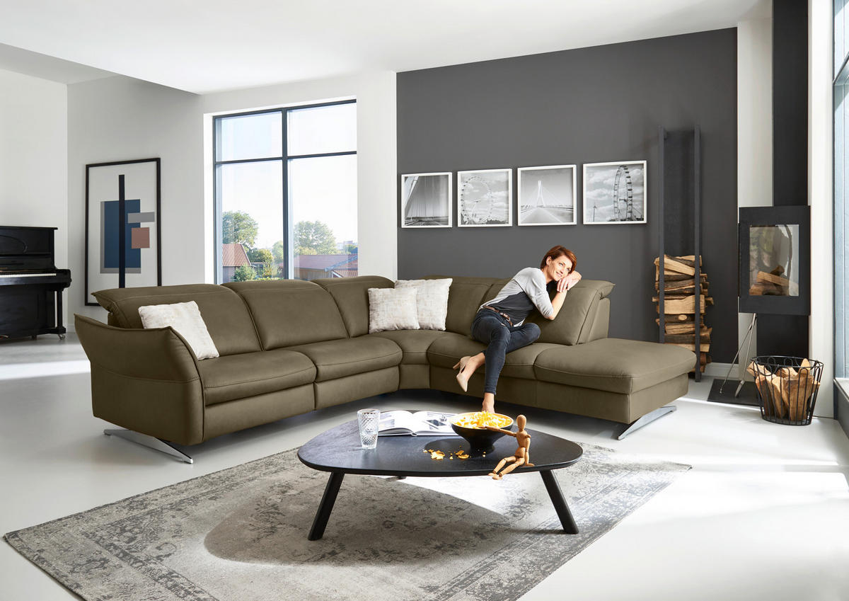ECKSOFA in Echtleder Mokka  - Edelstahlfarben/Mokka, Design, Leder/Metall (292/258cm) - Hukla